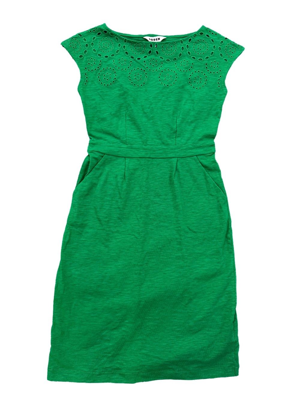 Boden NEW Green Florrie Broderie Jersey Dress 4L Eyelet Pockets NWOT Womens Bold - Picture 3 of 11